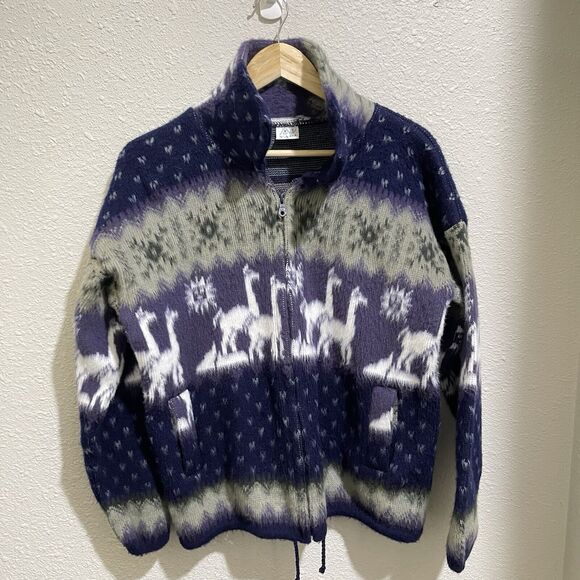 YARI Artesanias Wool Zip Coat Womens S Llama Snowflake Fair Isle Alpaca Blue - Picture 1 of 6